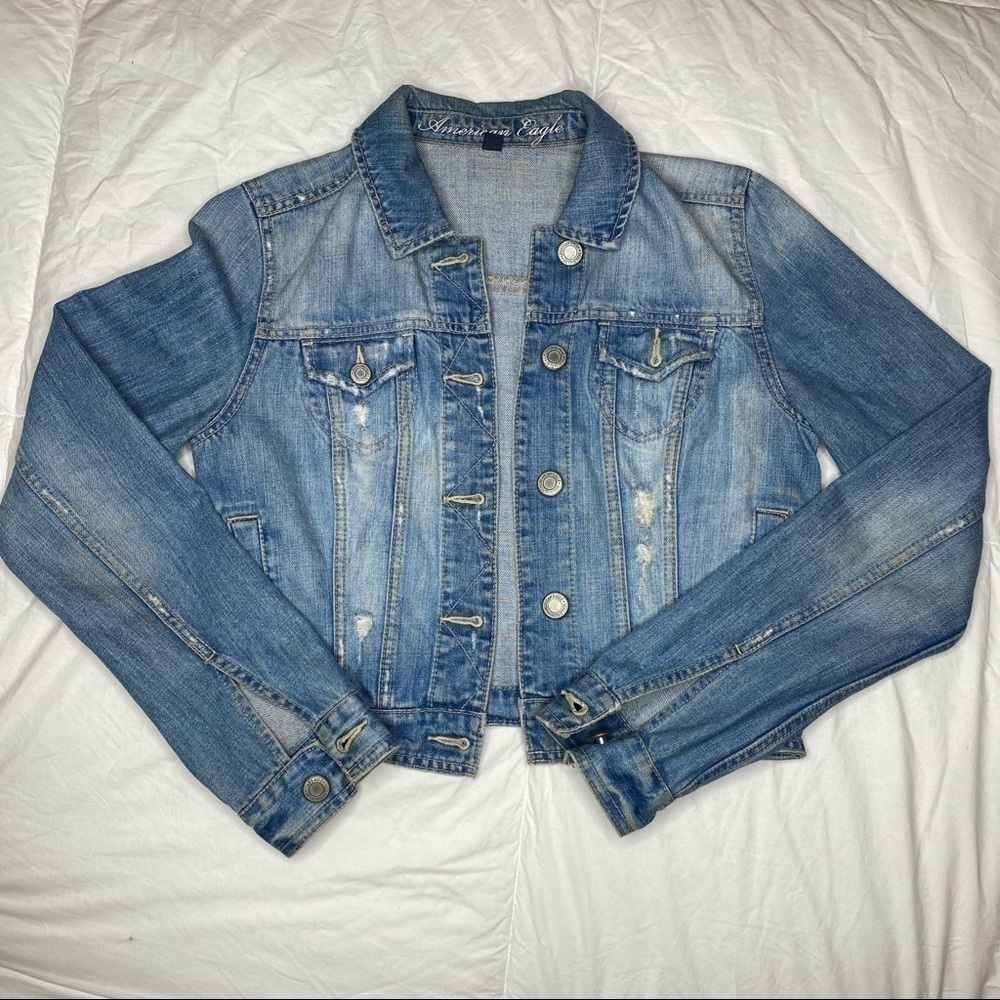American Eagle Distressed Denim Jacket Womens M Cropped